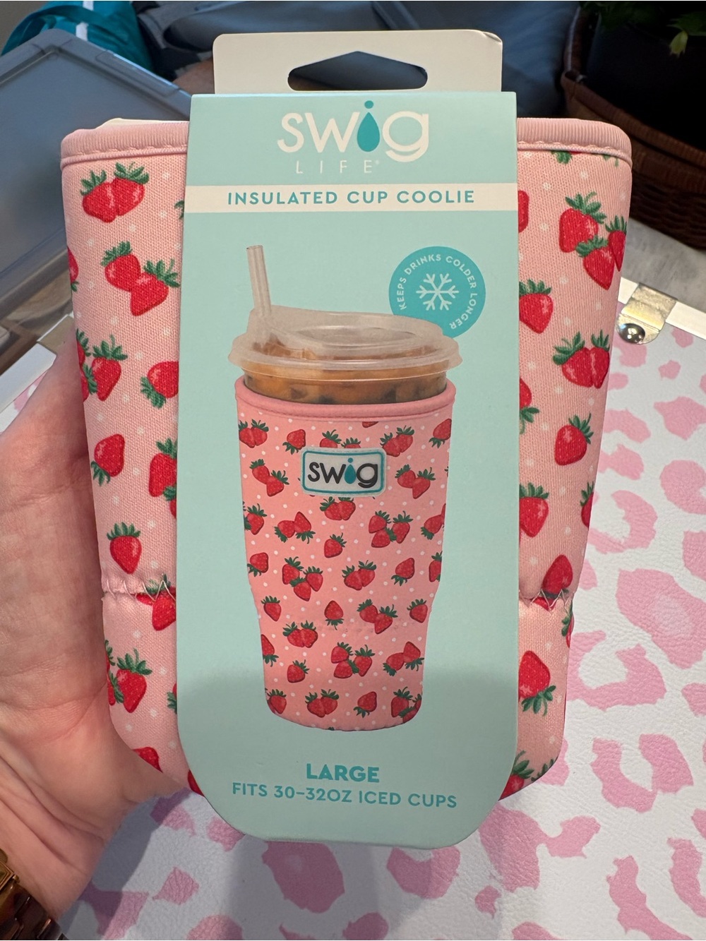Swig Life Pink Strawberry Insulated Cup Cooler - Large Fit